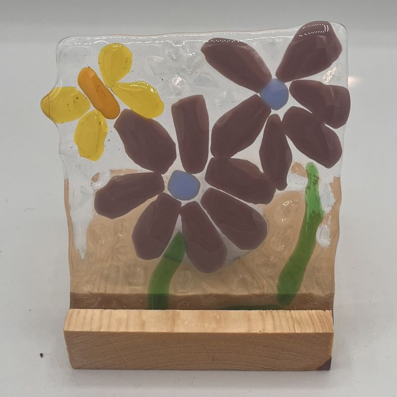 Gabby Adams-Hubbard, Fused Glass Stand Piece, Purple Flowers and Yellow Butterfly