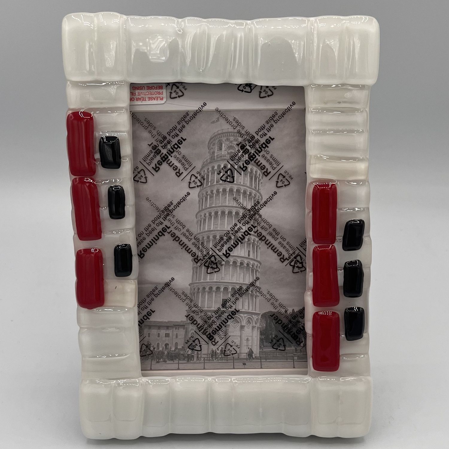 Erin Williams, Fused Glass Frame, Red and Black Rectangles on White Background