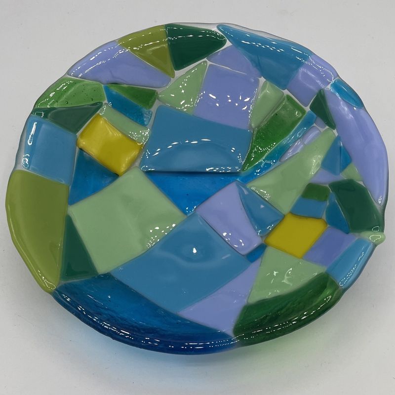 David Campbell, Fused Glass Bowl, Blue and Green Shapes