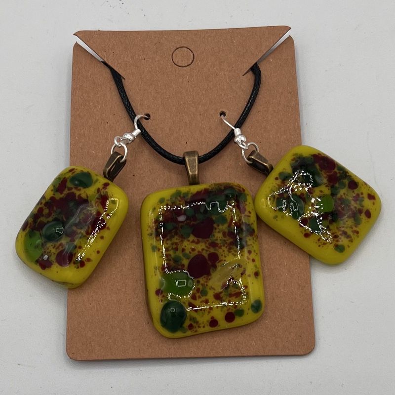 Tiffany Jameson, Fused Glass Jewelry Set, Green and Brown Design