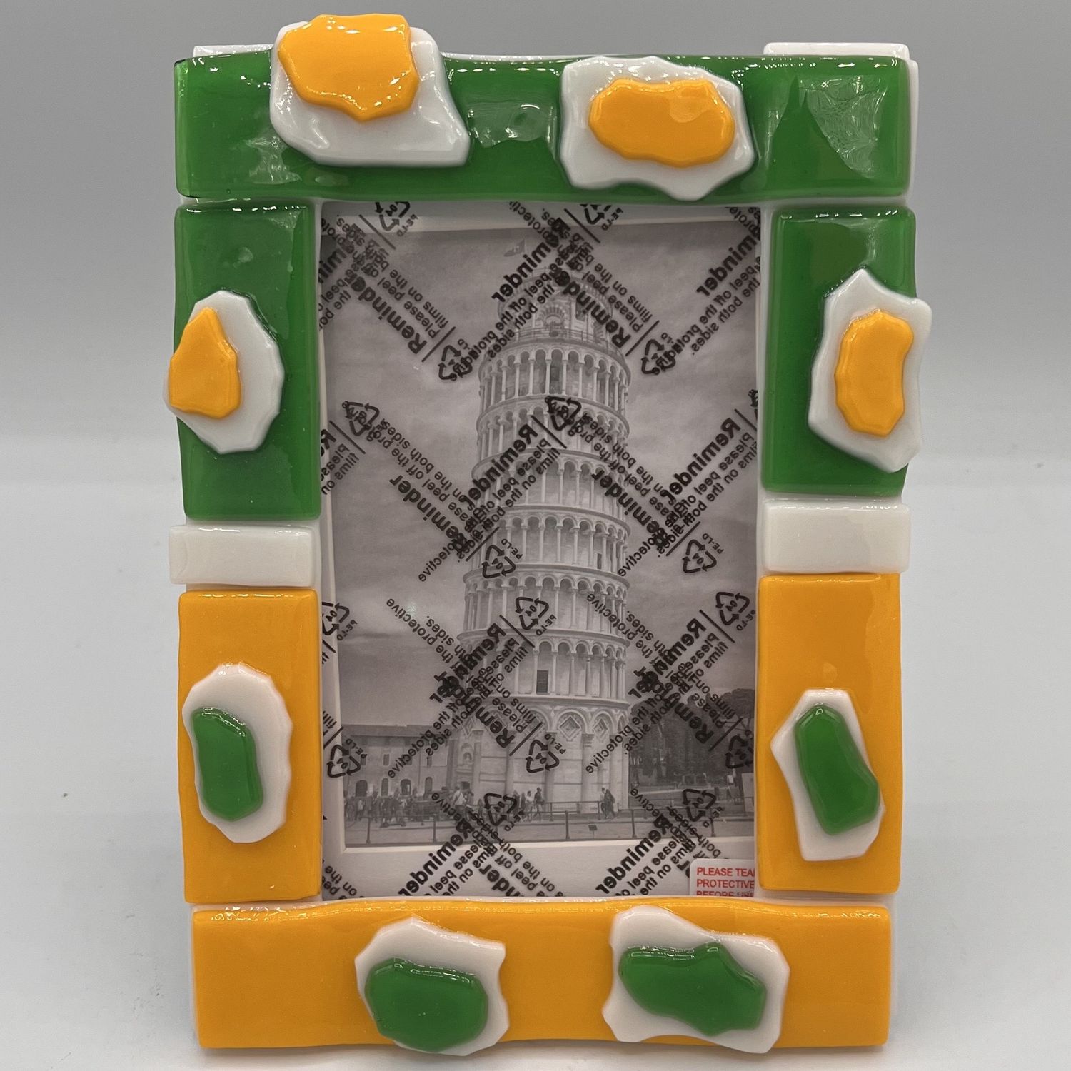 Nathan Strother, Fused Glass Frame, Yellow, Green and White Shapes