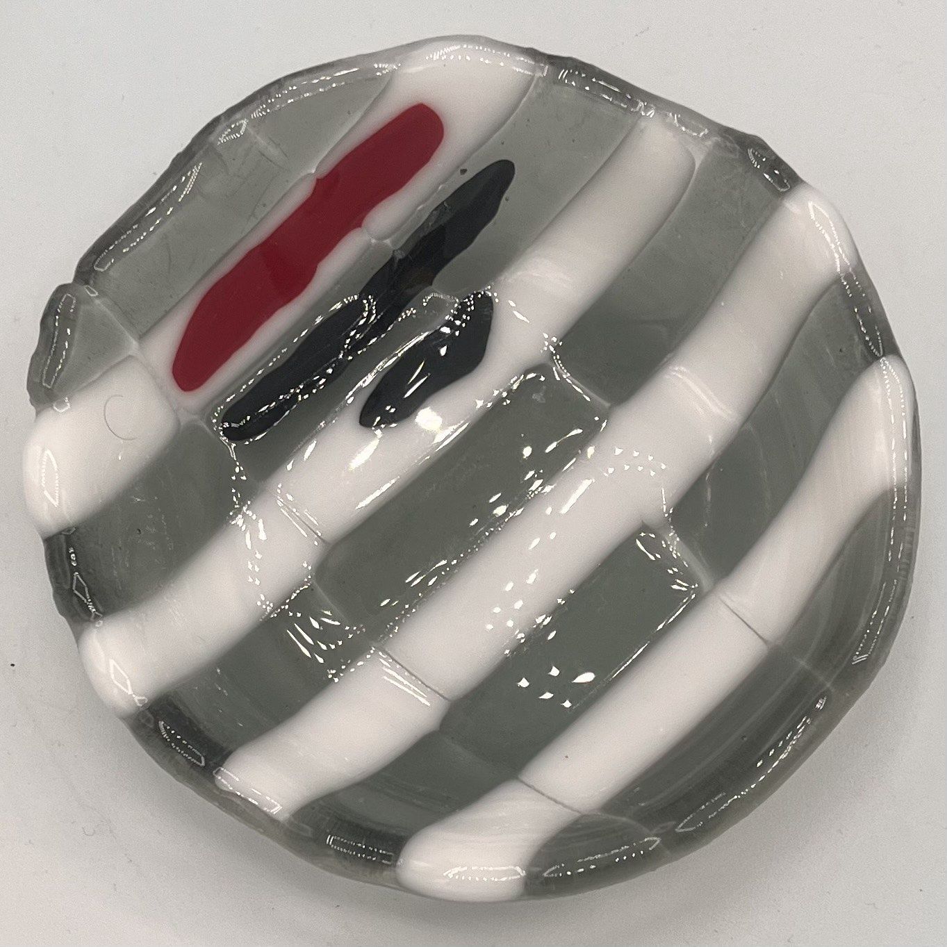 Erin Williams, Fused Glass Bowl, White and Grey Stripes with Black and Red Details