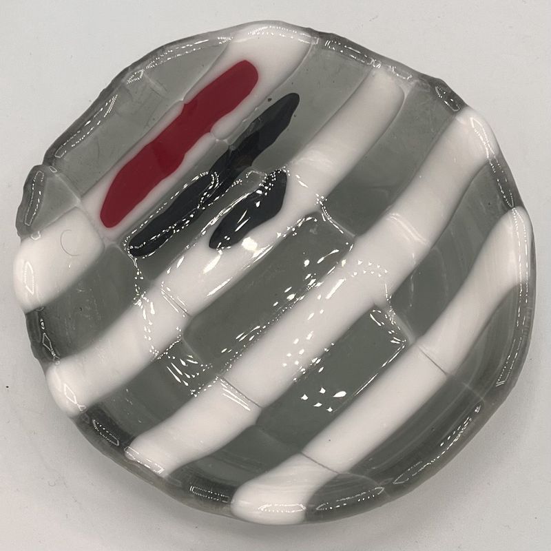 Erin Williams, Fused Glass Bowl, White and Grey Stripes with Black and Red Details