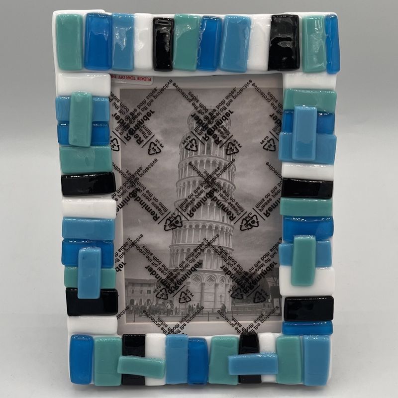 Jody Mann, Fused Glass Frame, Black, White and Blue Stripes