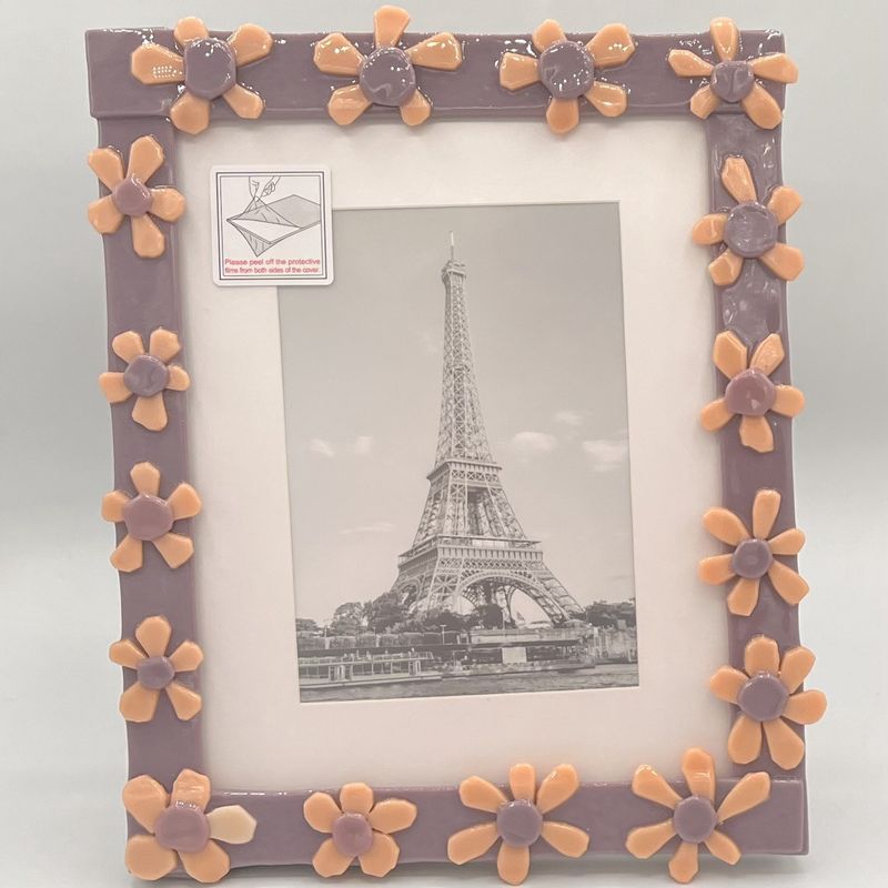 Jody Mann, Fused Glass Frame, Pink and Purple Flowers on Purple Background