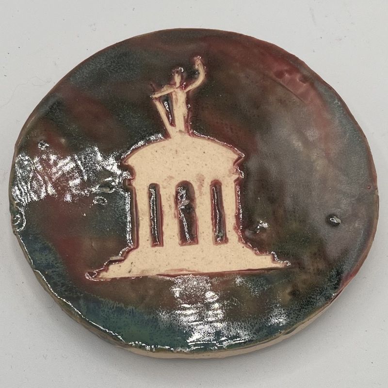 Mary Phifer, Ceramic Coaster, White Statue Silhouette on Green and Brown 2