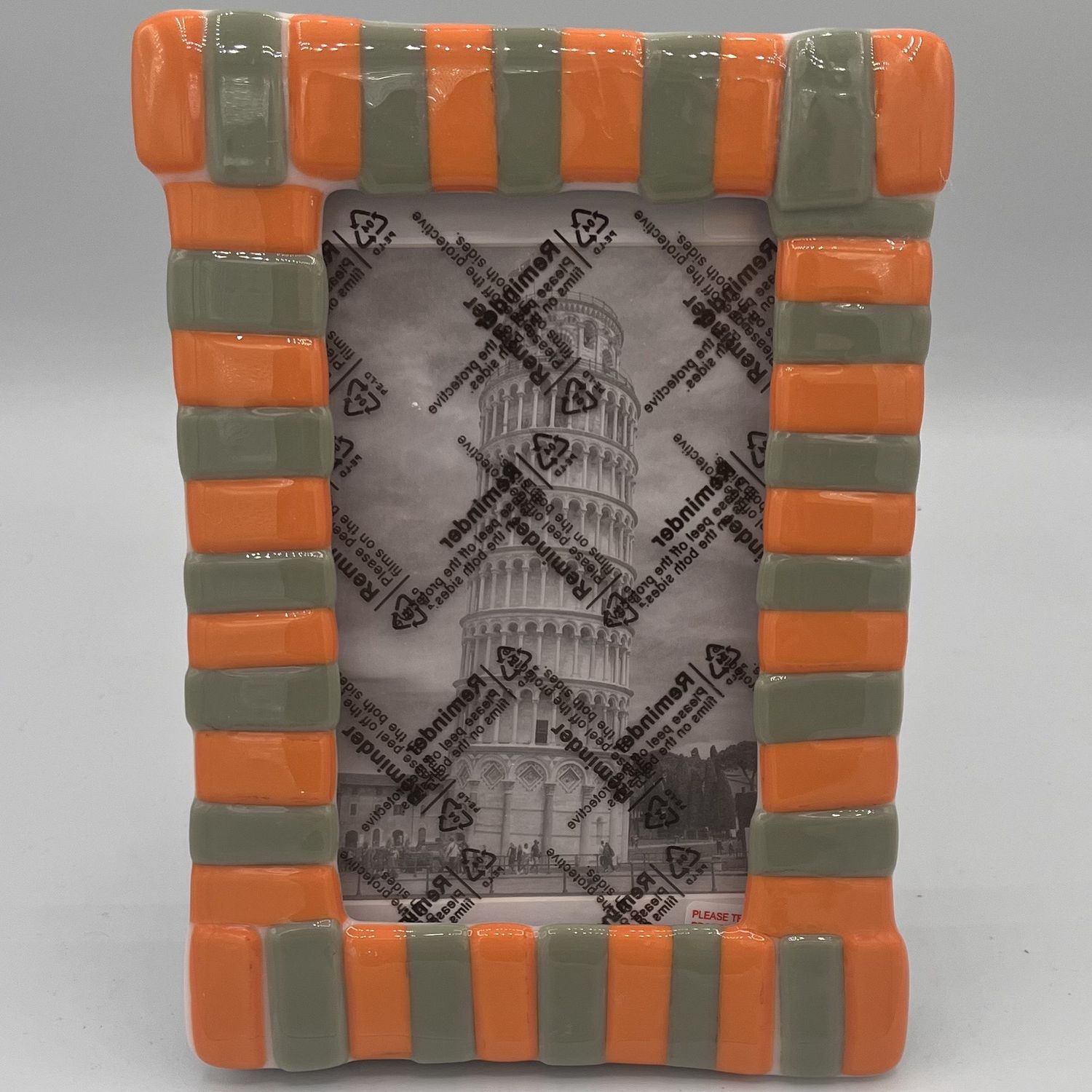 Jessica Bays, Fused Glass Frame, Orange and Green Stripes
