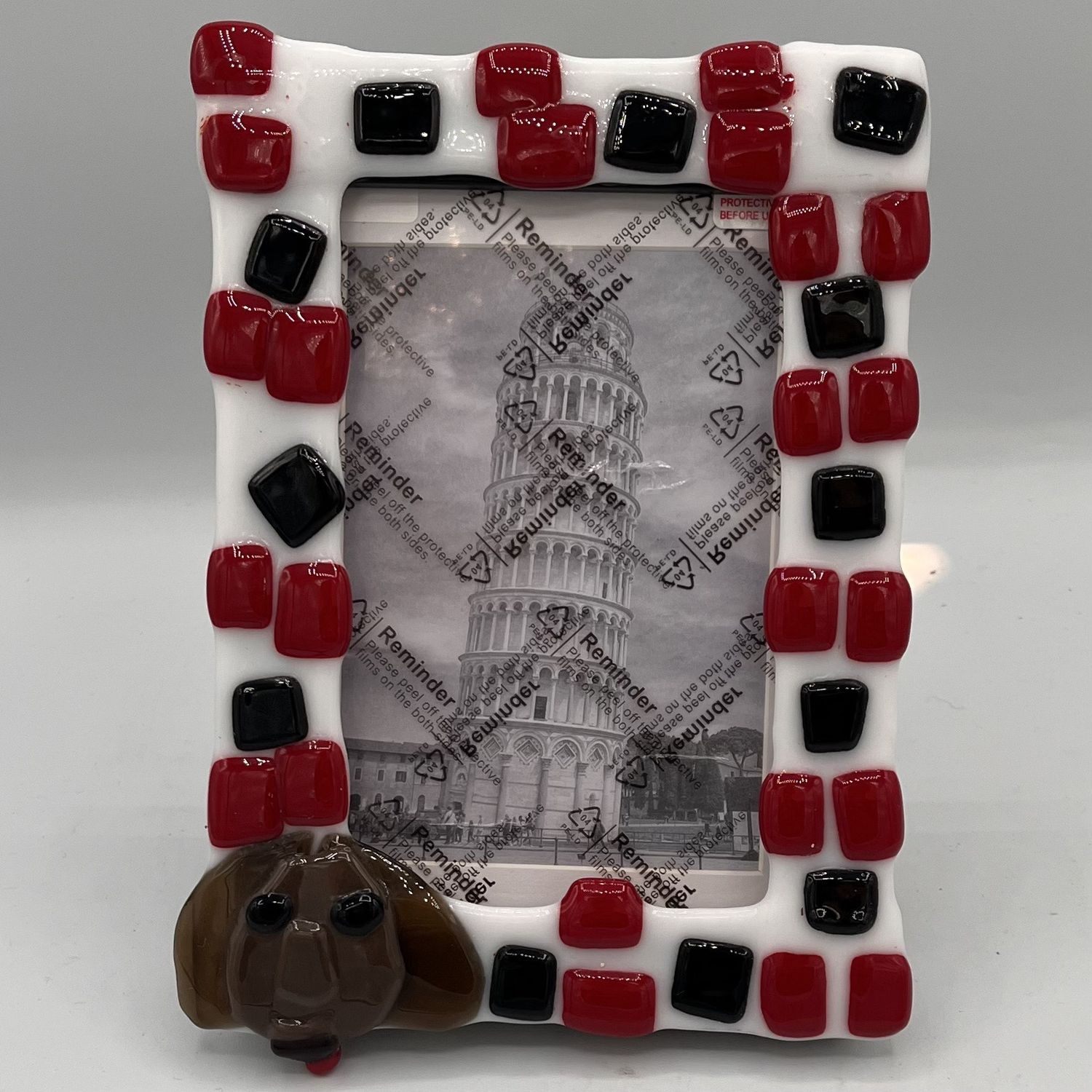 Steve Gall, Fused Glass Frame, Brown Dog on Red and Black Squares
