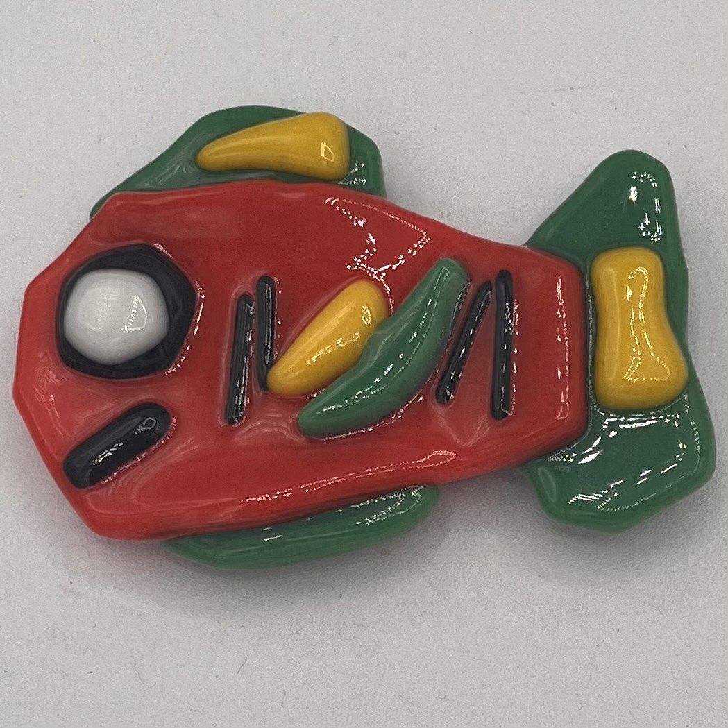 Michael Smith, Fused Glass Magnet, Orange, Green and Yellow Fish