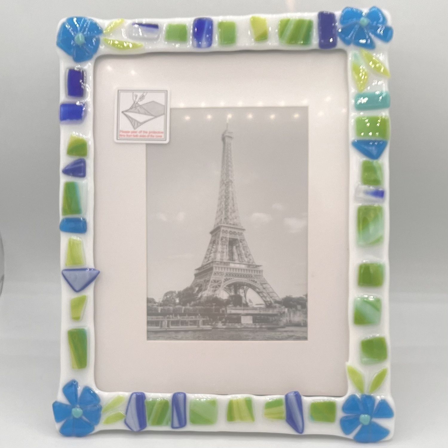 Erica Hasler, Fused Glass Frame, Blue Flowers with Blue and Green Shapes