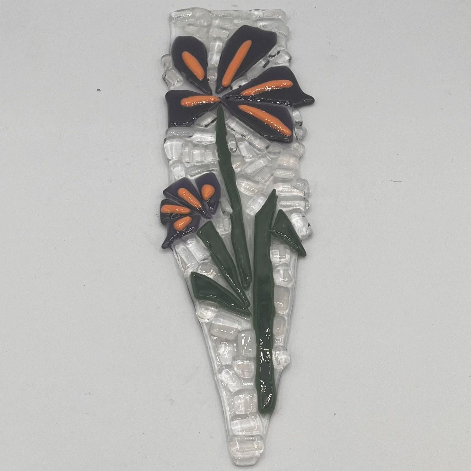 Lori Lefferts, Fused Glass Garden Stake, Purple and Orange Flowers