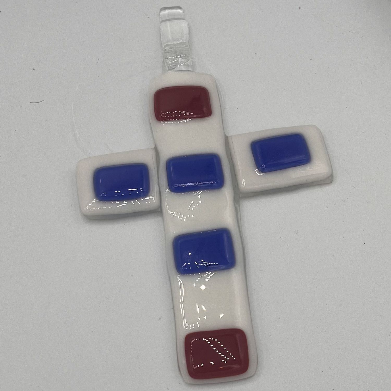 Tammy McCammon, Fused Glass Suncatcher, Red, White and Blue Cross