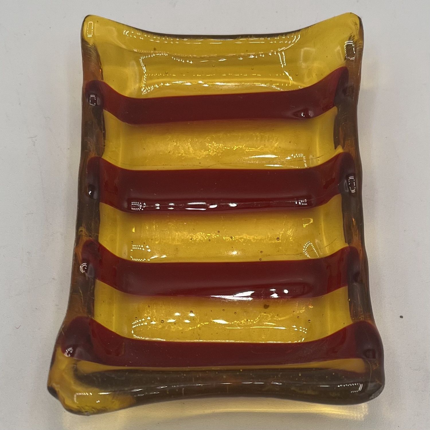 Alphonso Rowe, Fused Glass Soap Dish, Red and Yellow Stripes