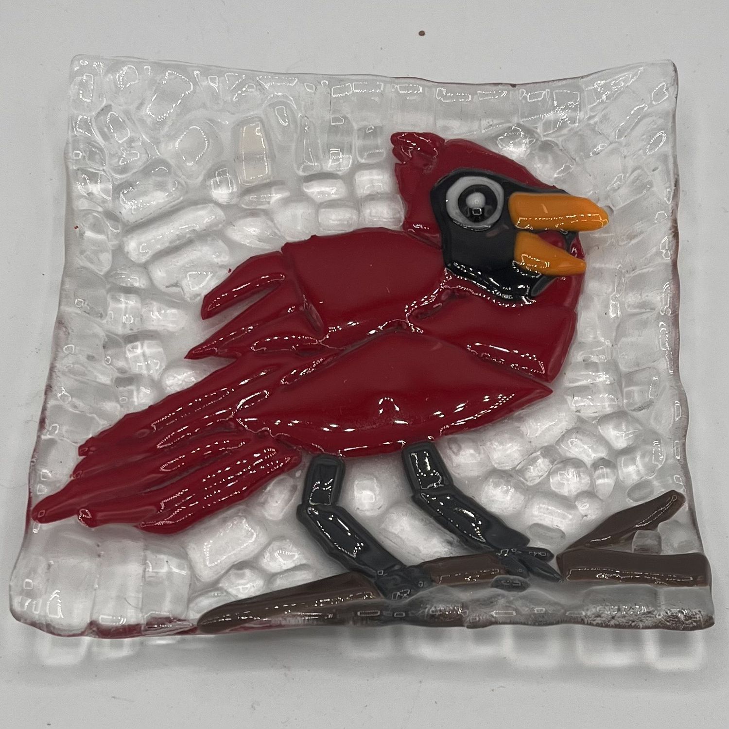 Duane Sparks, Fused Glass Dish, Happy Cardinal