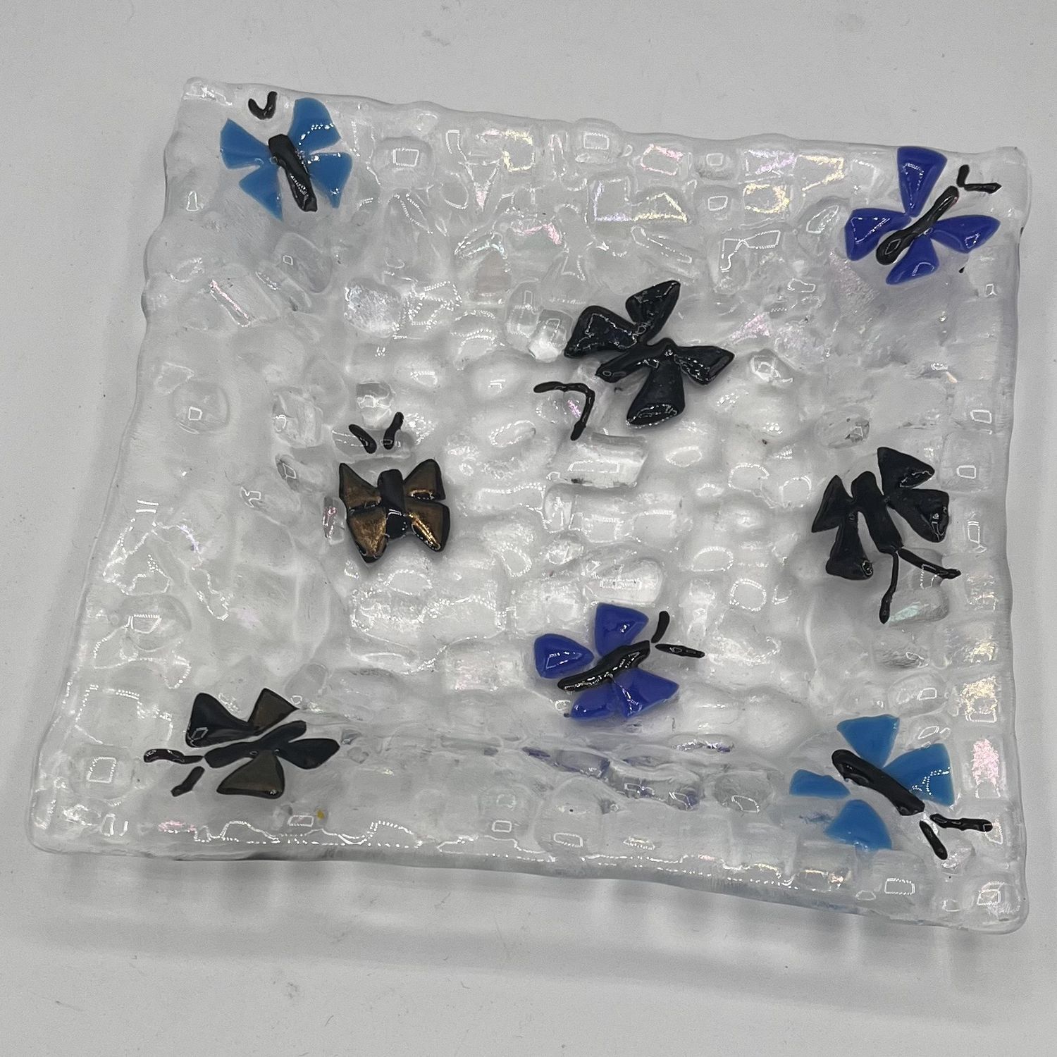 Andrea Walker, Fused Glass Dish, Blue and Black Butterflies