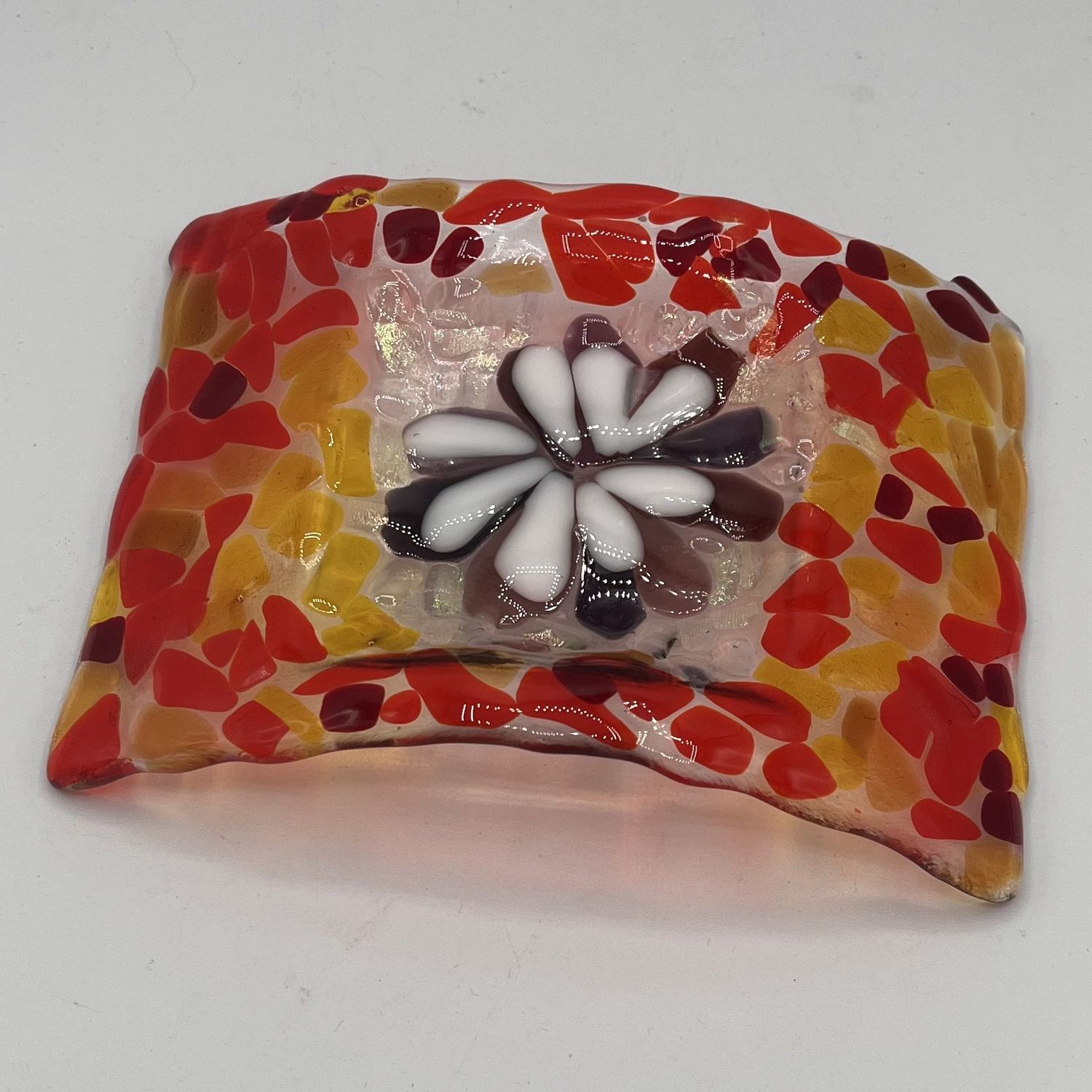 Erin Betz, Fused Glass Dish, Warm Toned Arch with Flower