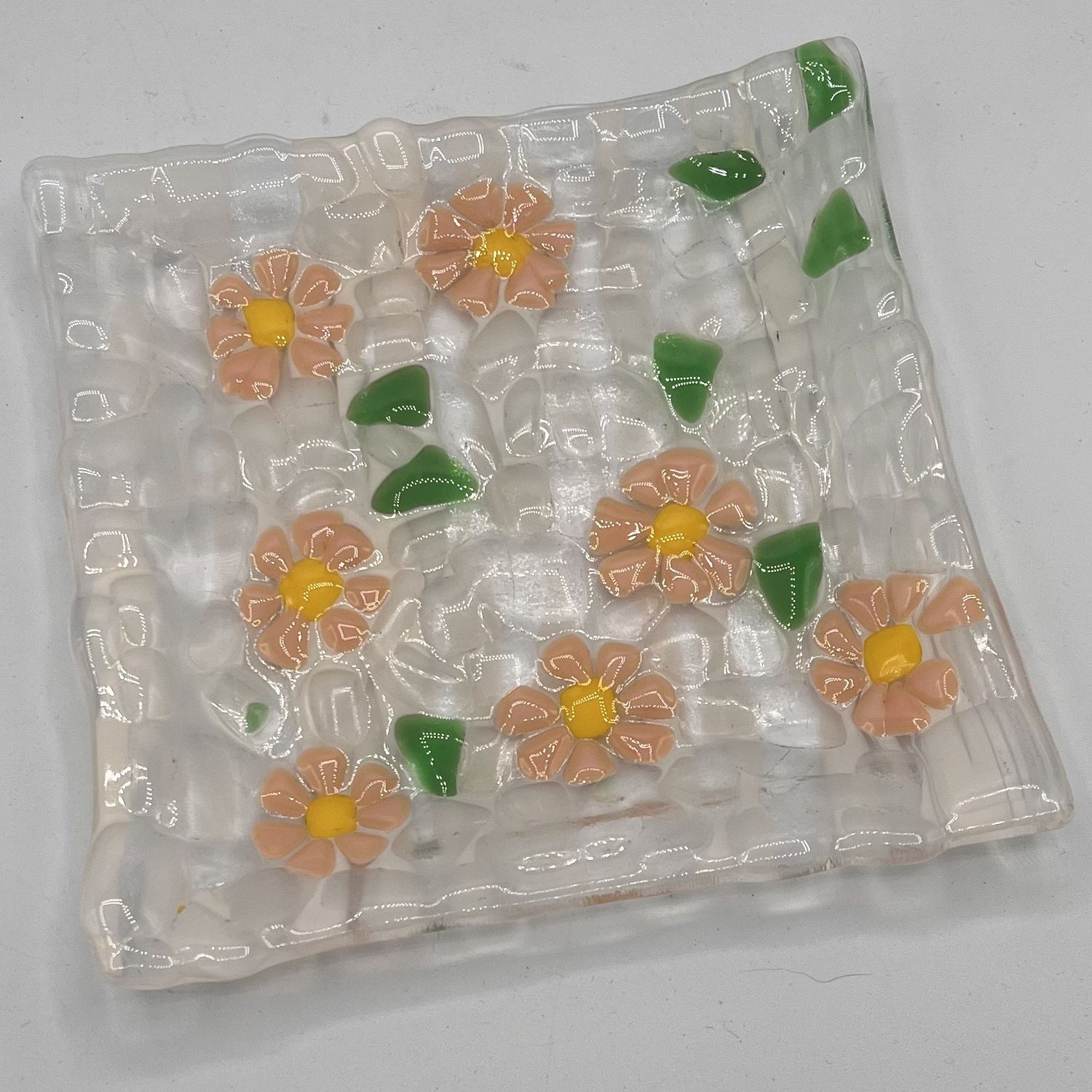 Amy Thompson, Fused Glass Dish, Pink and Yellow Flowers