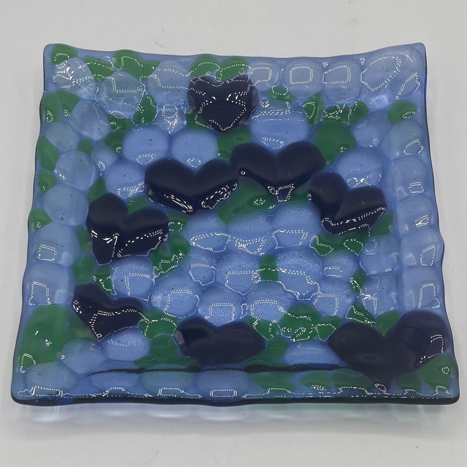 Kara Burgdorf, Fused Glass Dish, Purple Hearts and Green Shapes