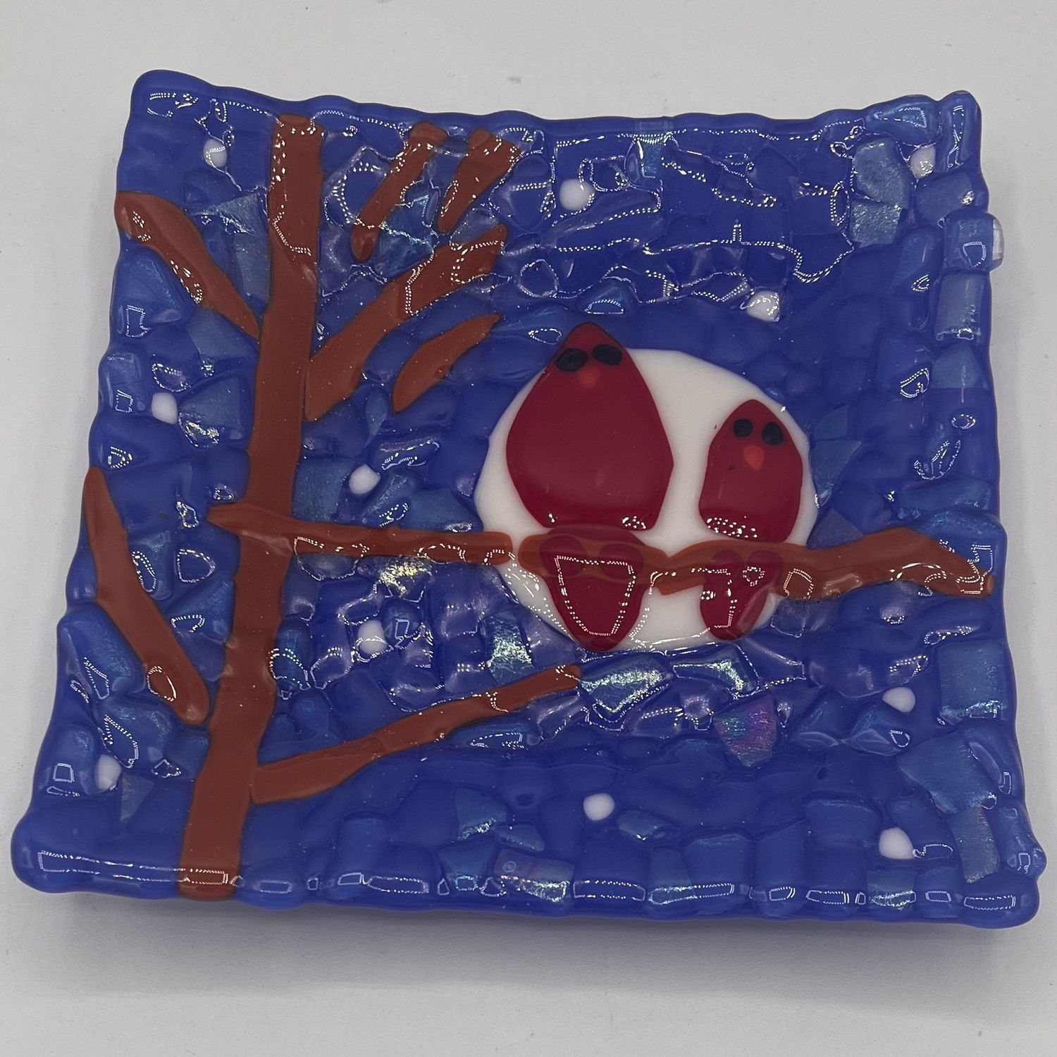 Jordan Satterfield, Fused Glass Dish, Cardinals in the Night