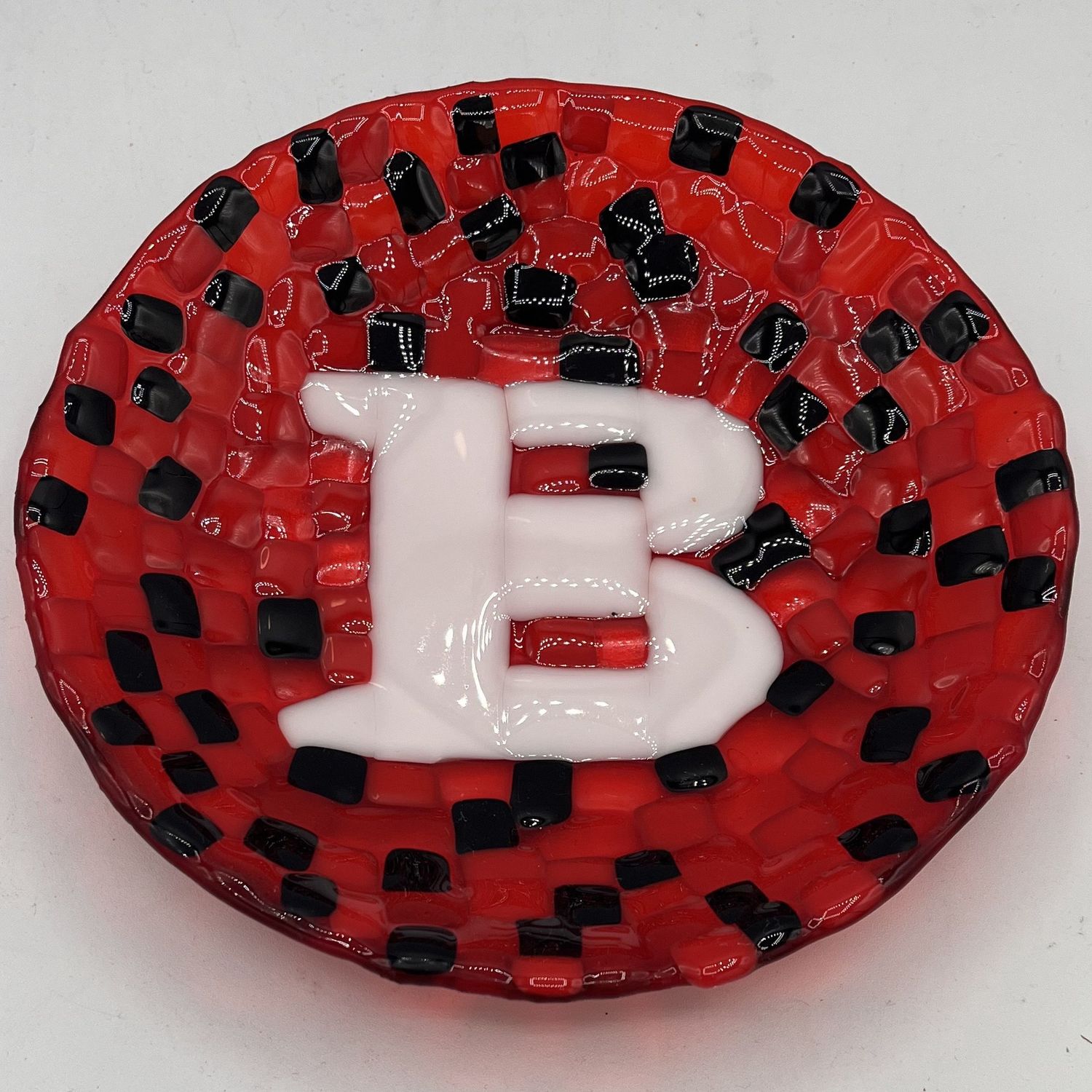 Bobbie Jo Robinson, Fused Glass Bowl, White &#39;B&#39; on Orange and Black Background