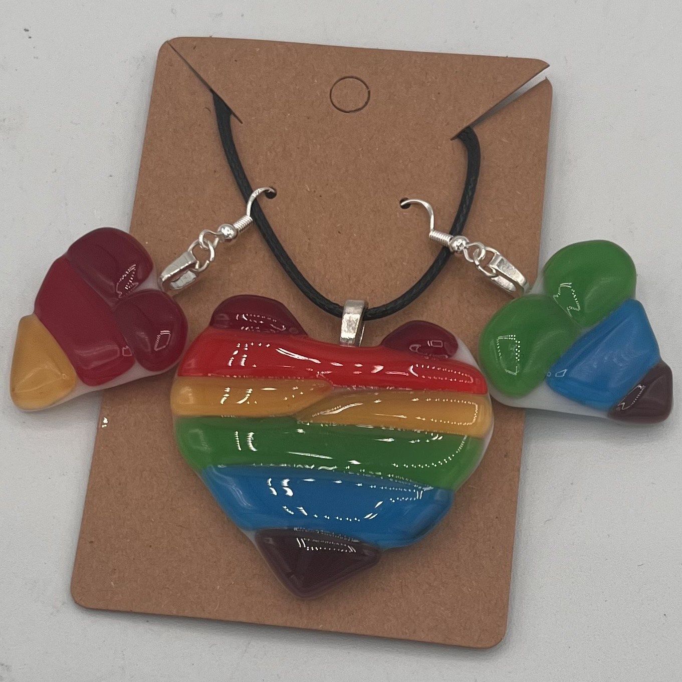 Kara Burgdorf, Fused Glass Jewelry Set, Rainbow Hearts