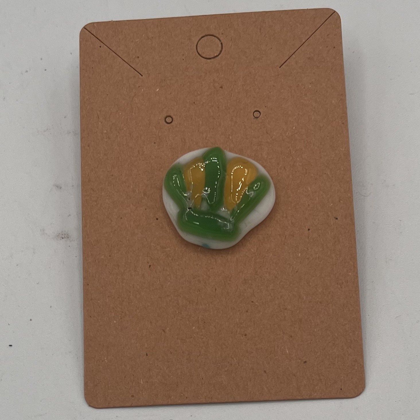 Andrea Walker, Fused Glass Pin, Yellow and Green Seashell