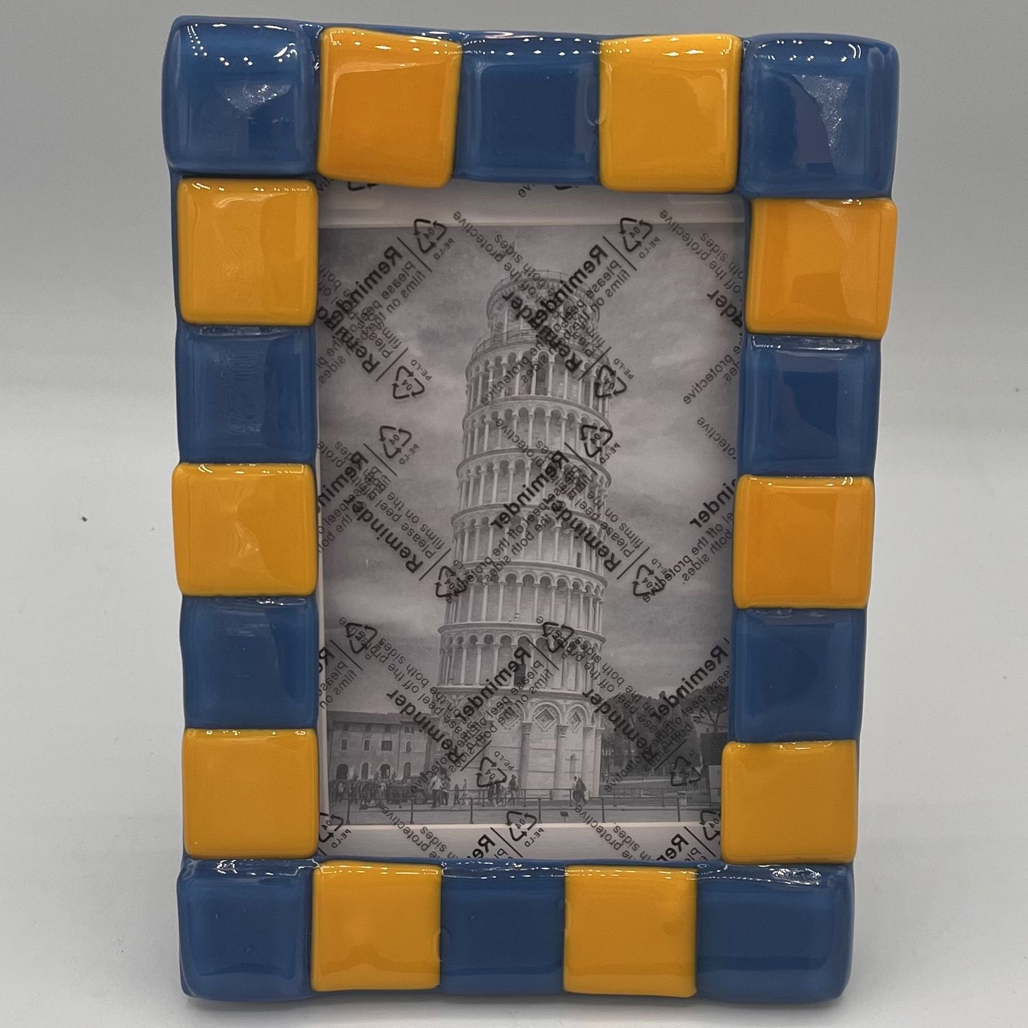 Rebecca Reed, Fused Glass Frame, Yellow and Blue Squares