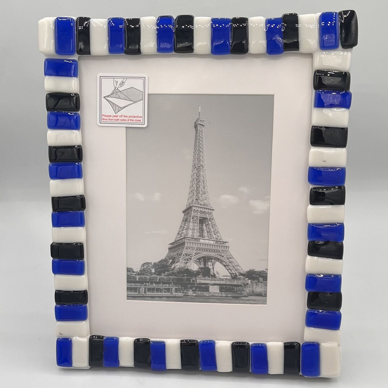 Evan Pohlman, Fused Glass Frame, Blue, Black and White Lines