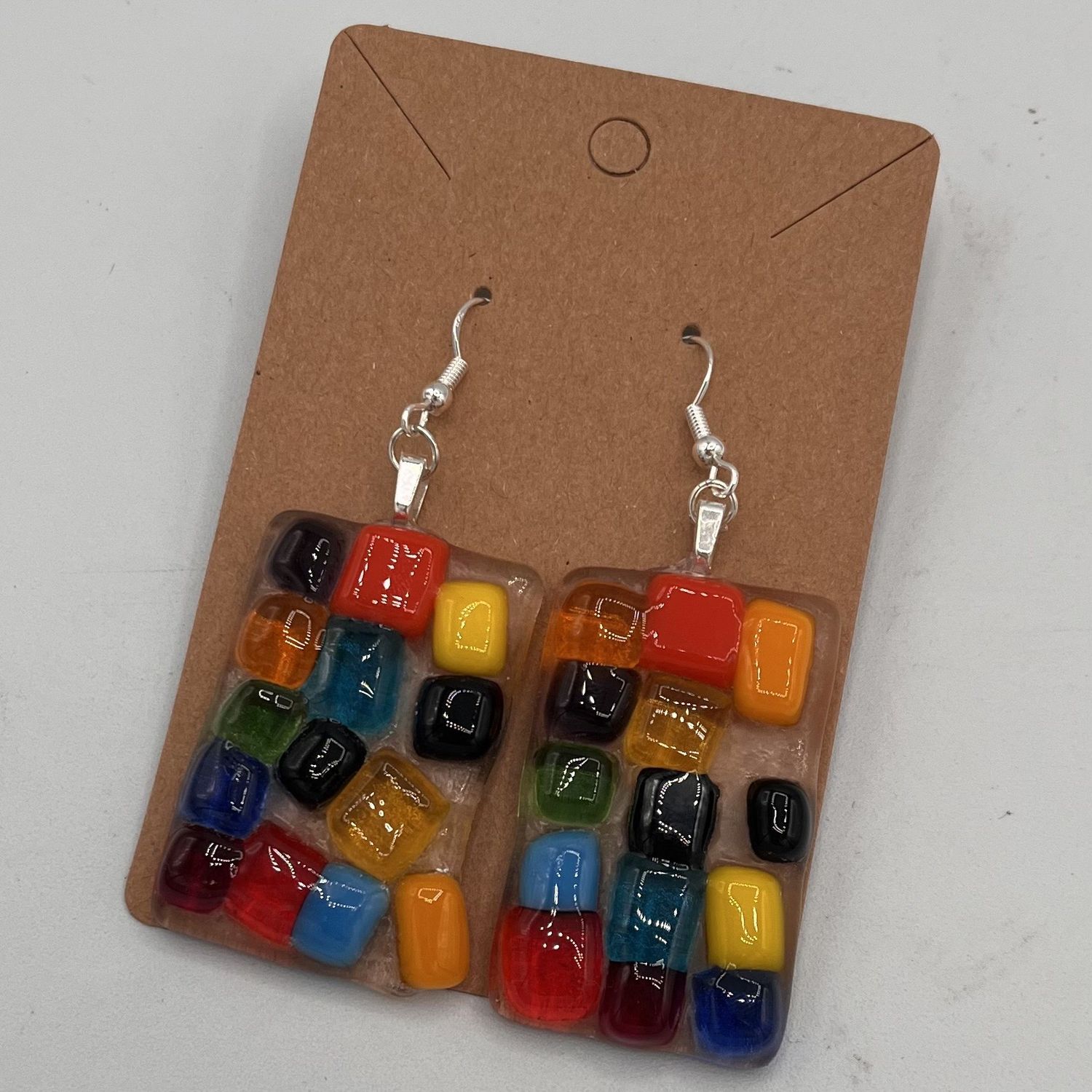 Meredith Bokeno, Fused Glass Earrings, Colorful Chunks