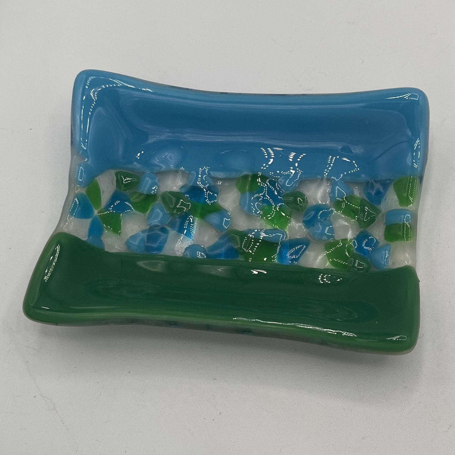 David Campbell, Fused Glass Soap Dish, Green, Blue and White Design