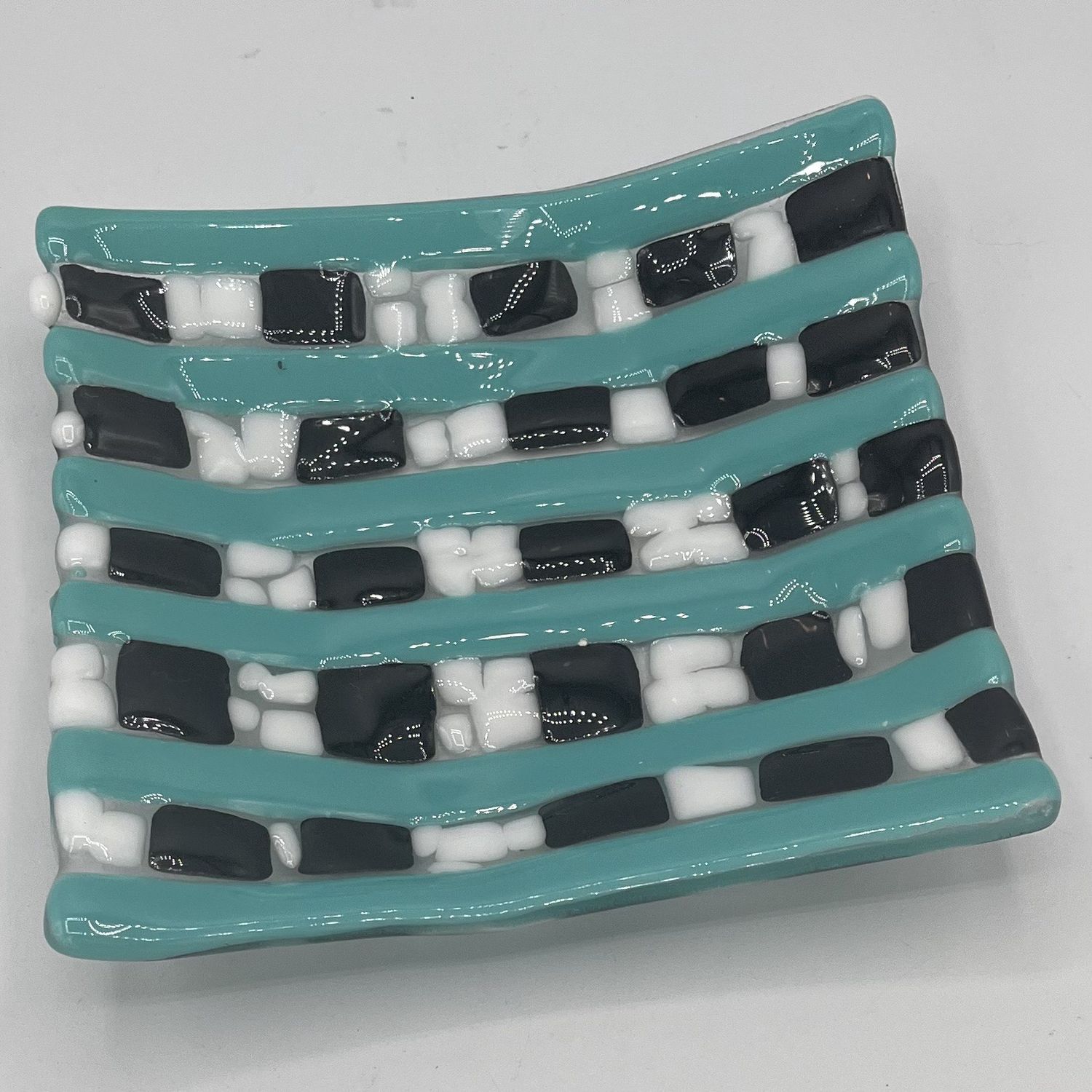 Bobbie Jo Robinson, Fused Glass Dish, Teal, Black and White Design