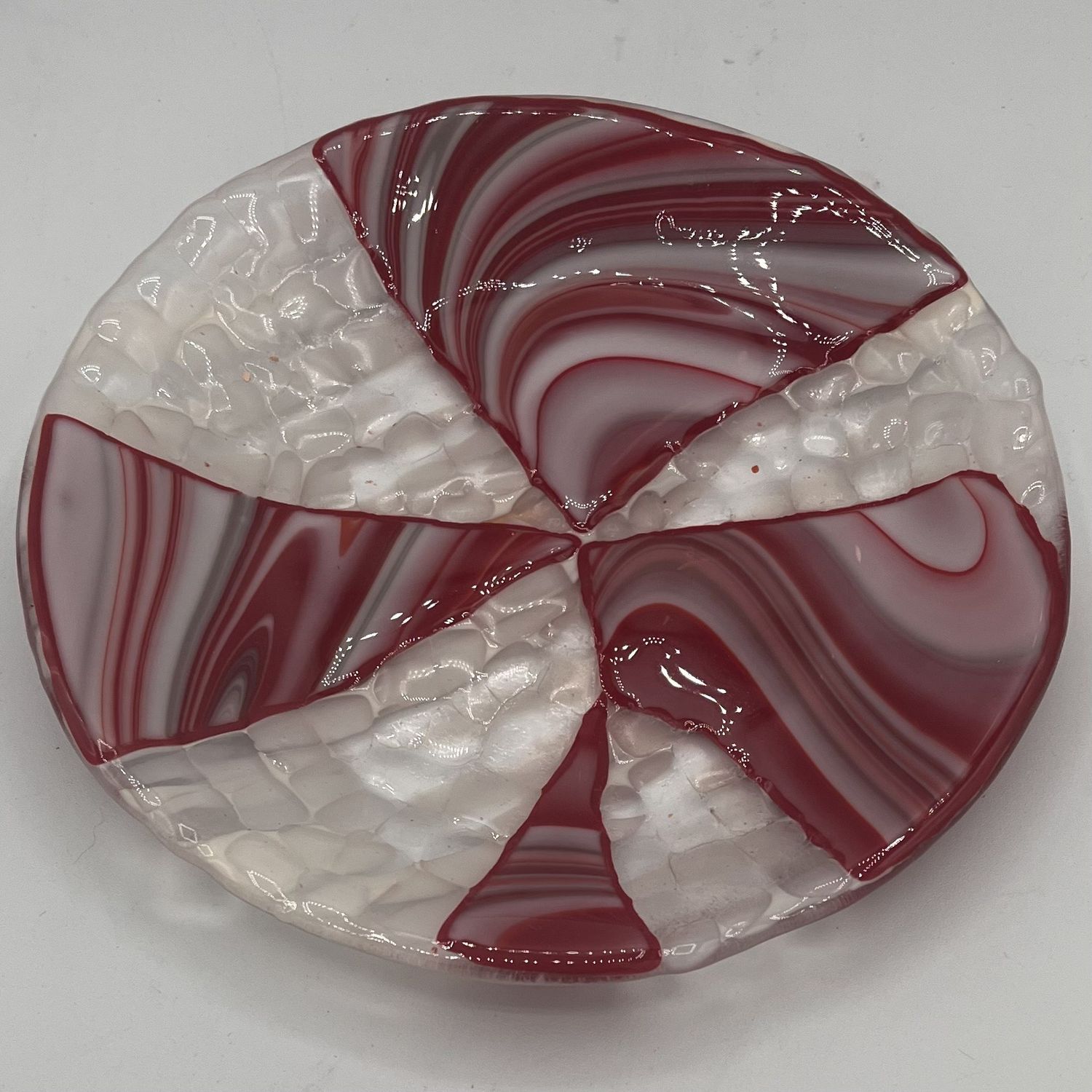 Andrea Walker, Fused Glass Dish, Red and White Design