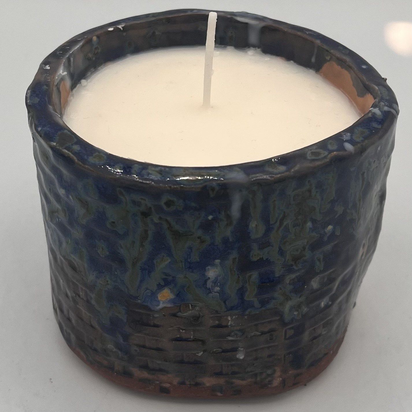 Dale Murphy, Ceramic Candle, Blue and Brown Weave Design
