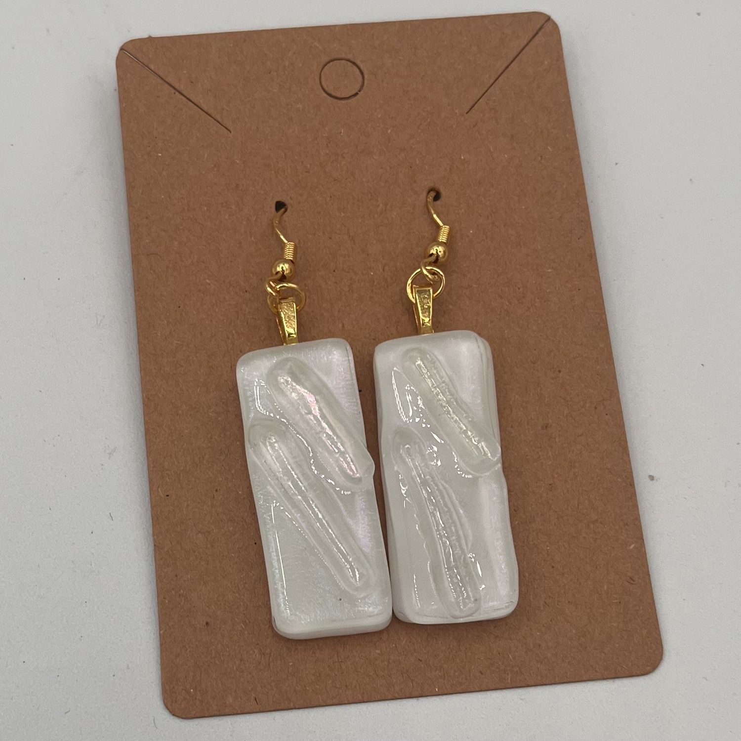 Rebecca Reed, Fused Glass Earrings, Iridescent White Rectangles