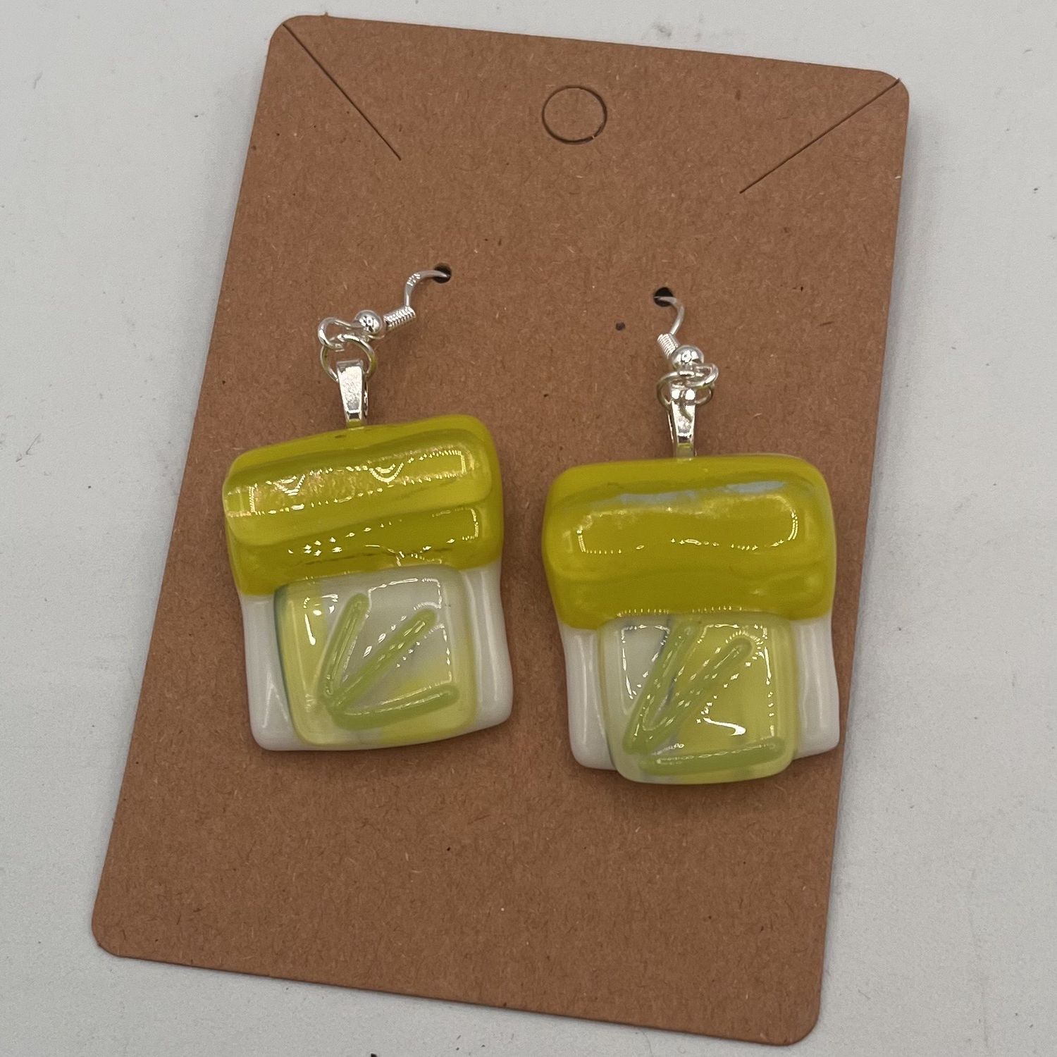 Lori Lefferts, Fused Glass Earrings, Green and White Design