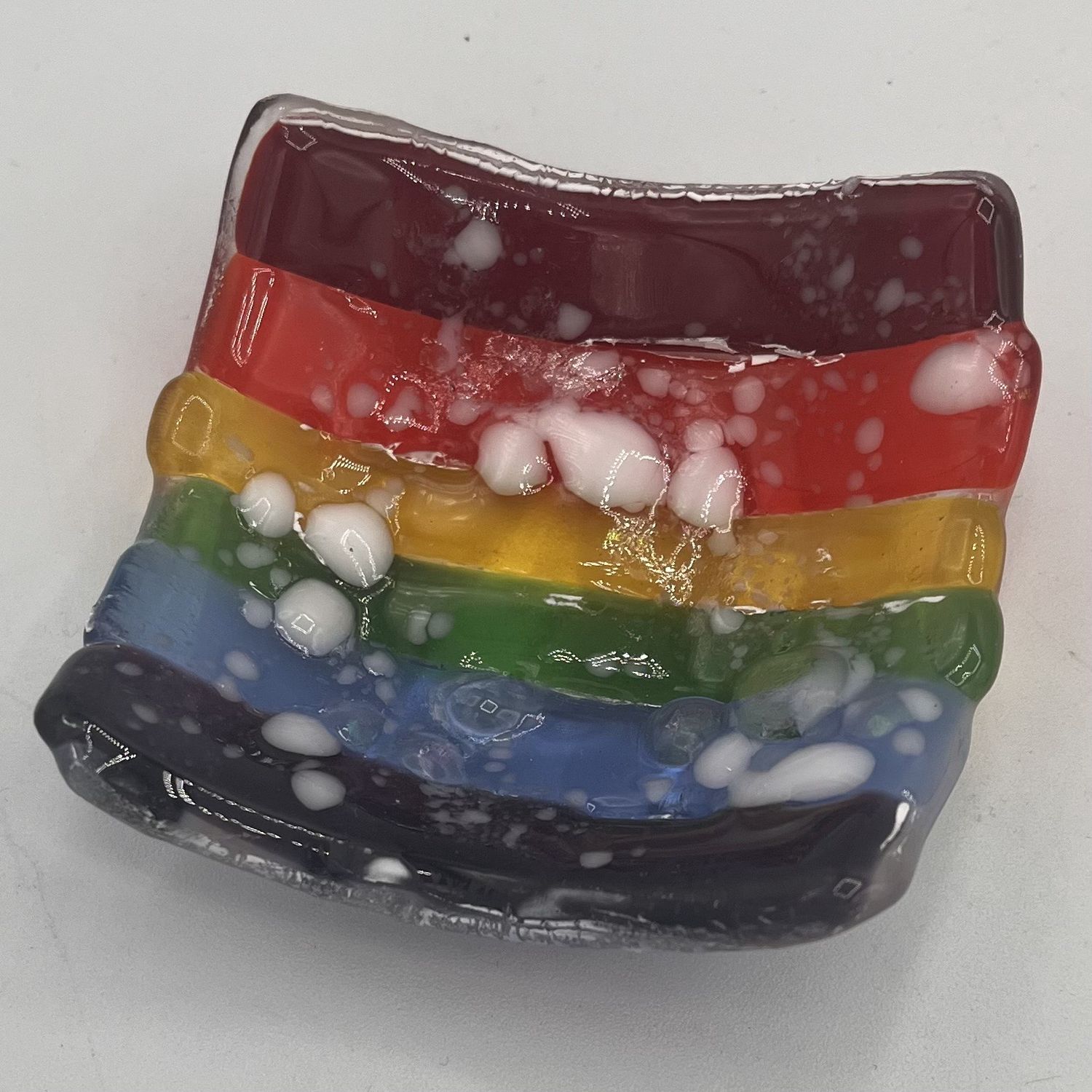 Alphonso Rowe, Fused Glass Ring Dish, Rainbow Stripes and White Shapes