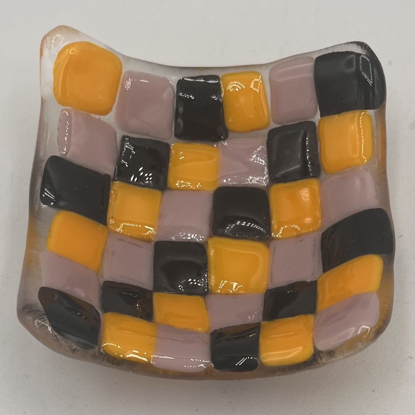 Alphonso Rowe, Fused Glass Ring Dish, Yellow, Purple and Black Checkerboard