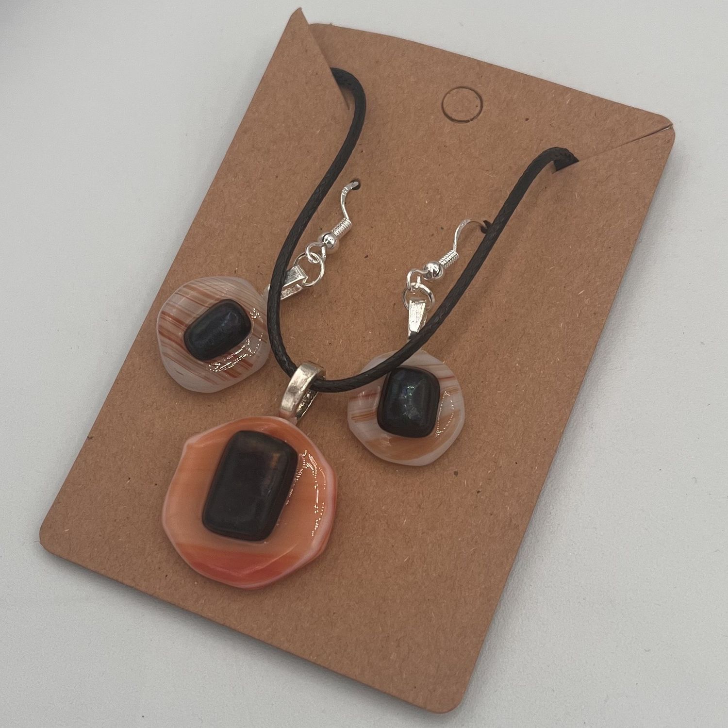 Amy Thompson, Fused Glass Jewelry Set, Pink, Black and White Design
