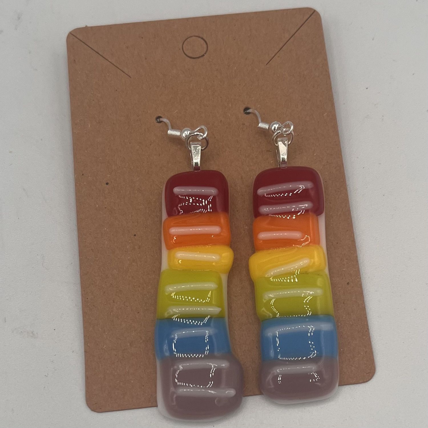 Meredith Bokeno, Fused Glass Earrings, Asymmetrical Rainbow Stripes