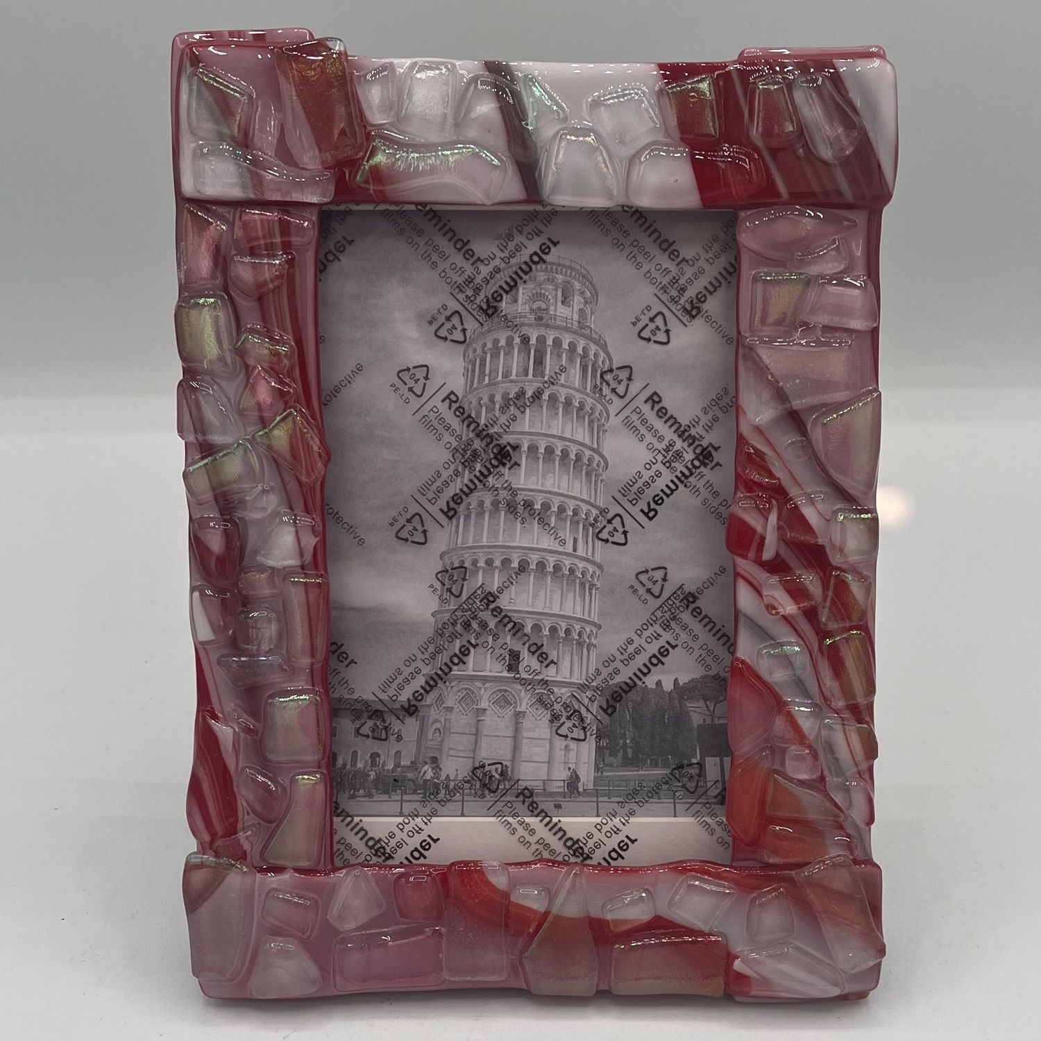 Jody Mann, Fused Glass Frame, Iridescent Red and White Design