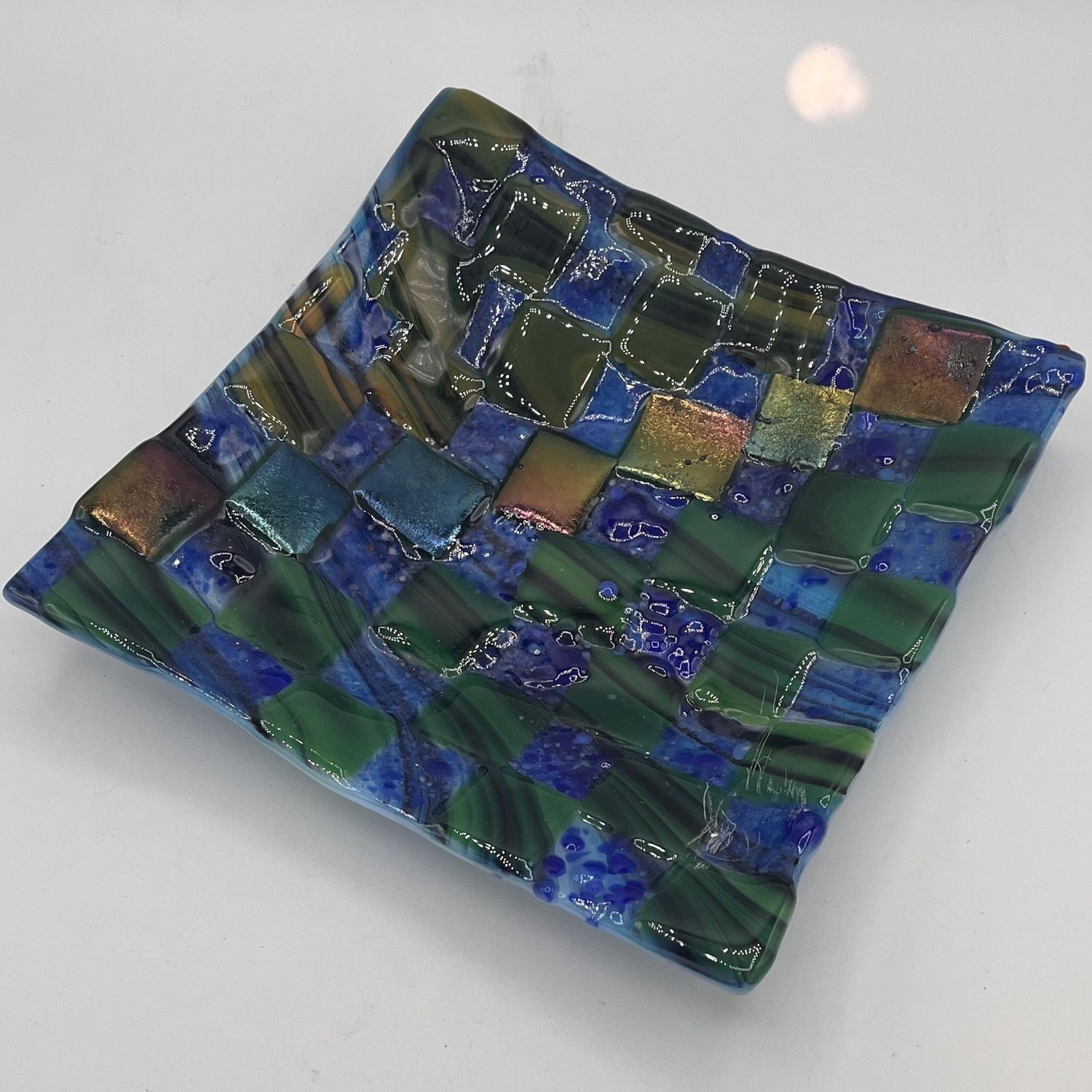 David Campbell, Fused Glass Dish, Blue and Green Checkerboard