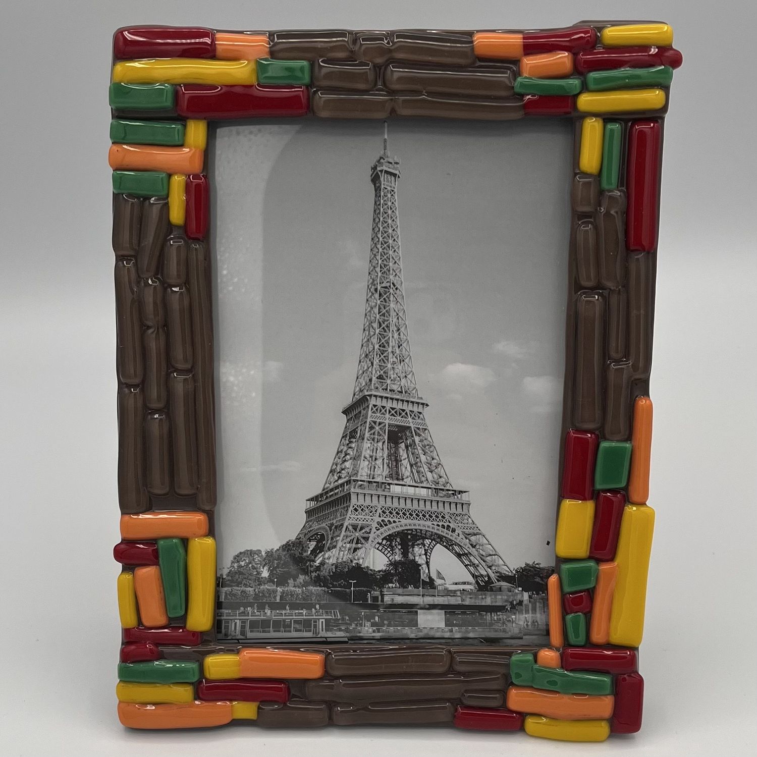 Tammy McCammon , Fused Glass Frame, Colorful Thin Stripes on Brown Background
