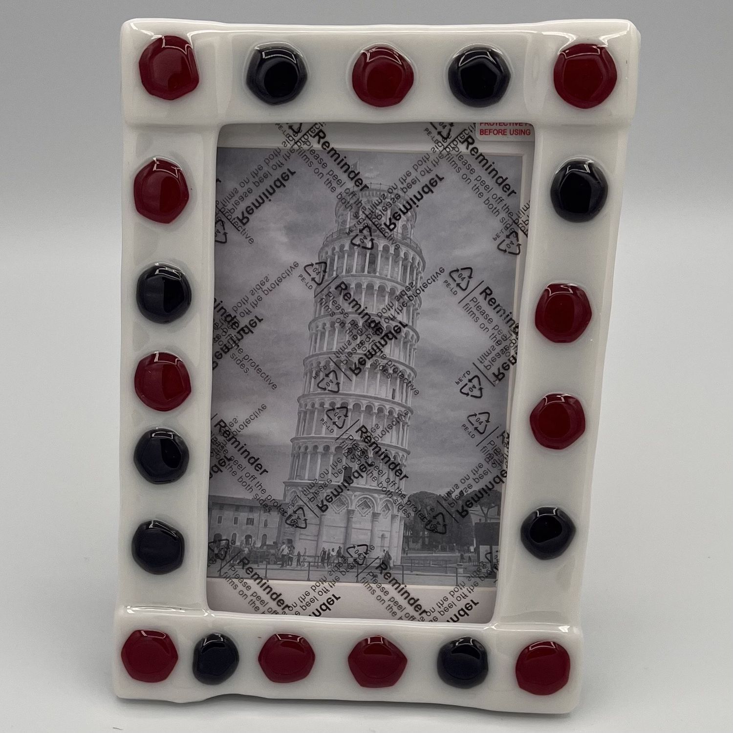Jessica Bays, Fused Glass Frame, Red and Purple Dots on White Background