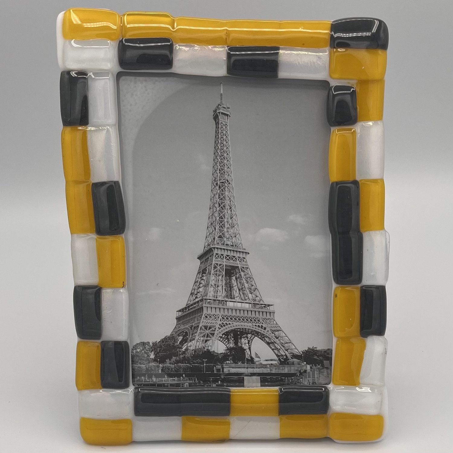 Tiffany Jameson, Fused Glass Frame, Yellow, Gray and White Rectangles