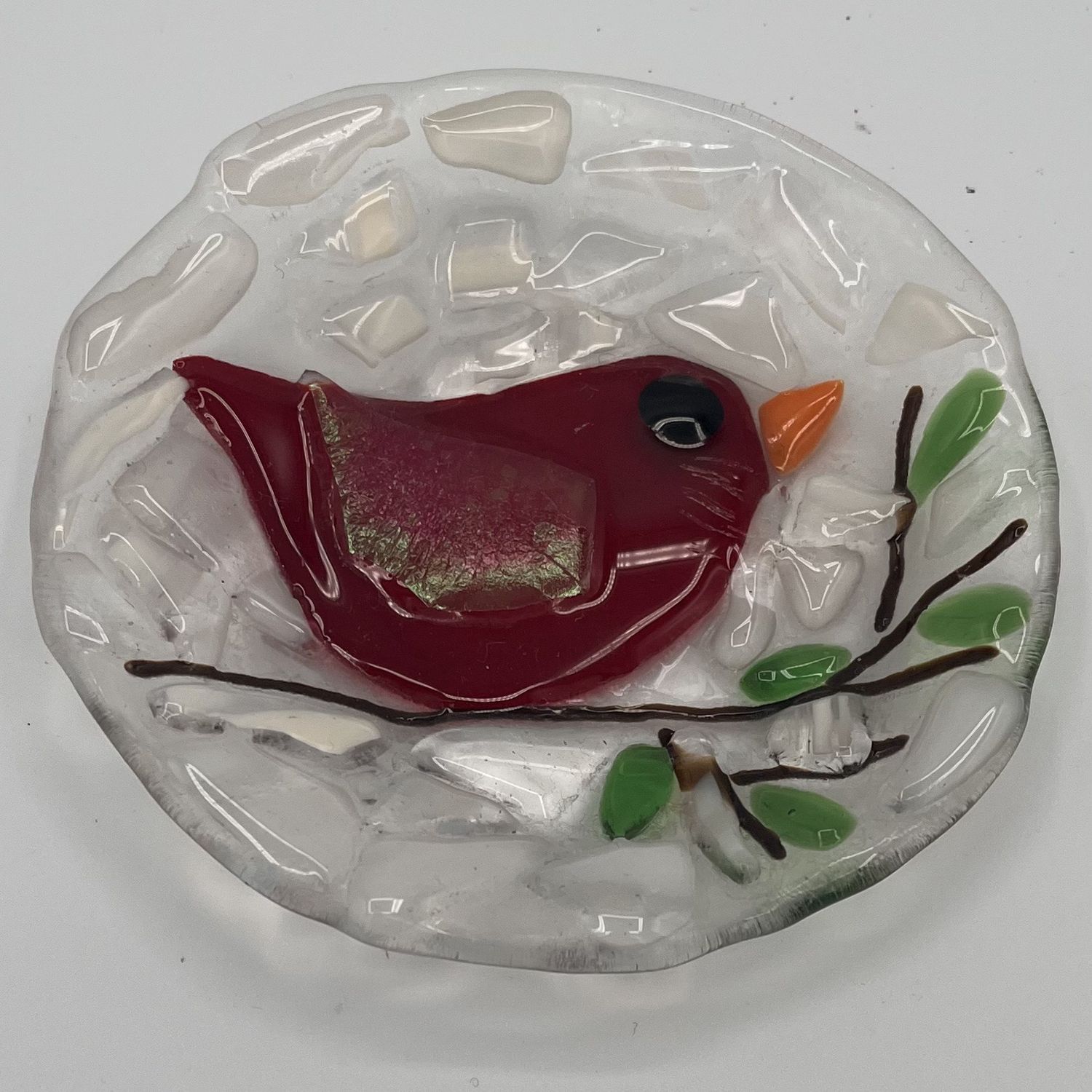 Mark Hodge, Fused Glass Bowl, Resting Cardinal