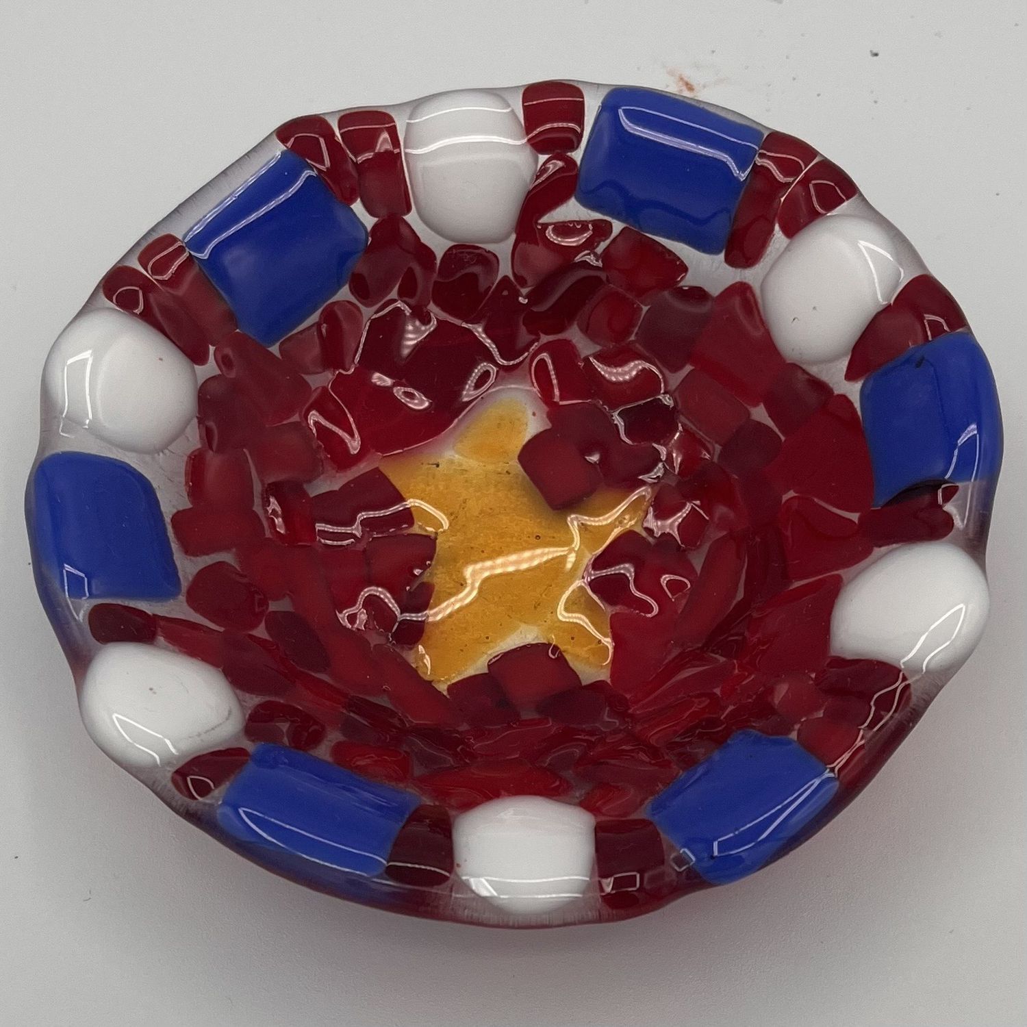 Annie Baxter, Fused Glass Bowl, Red, White, Blue and Yellow Design