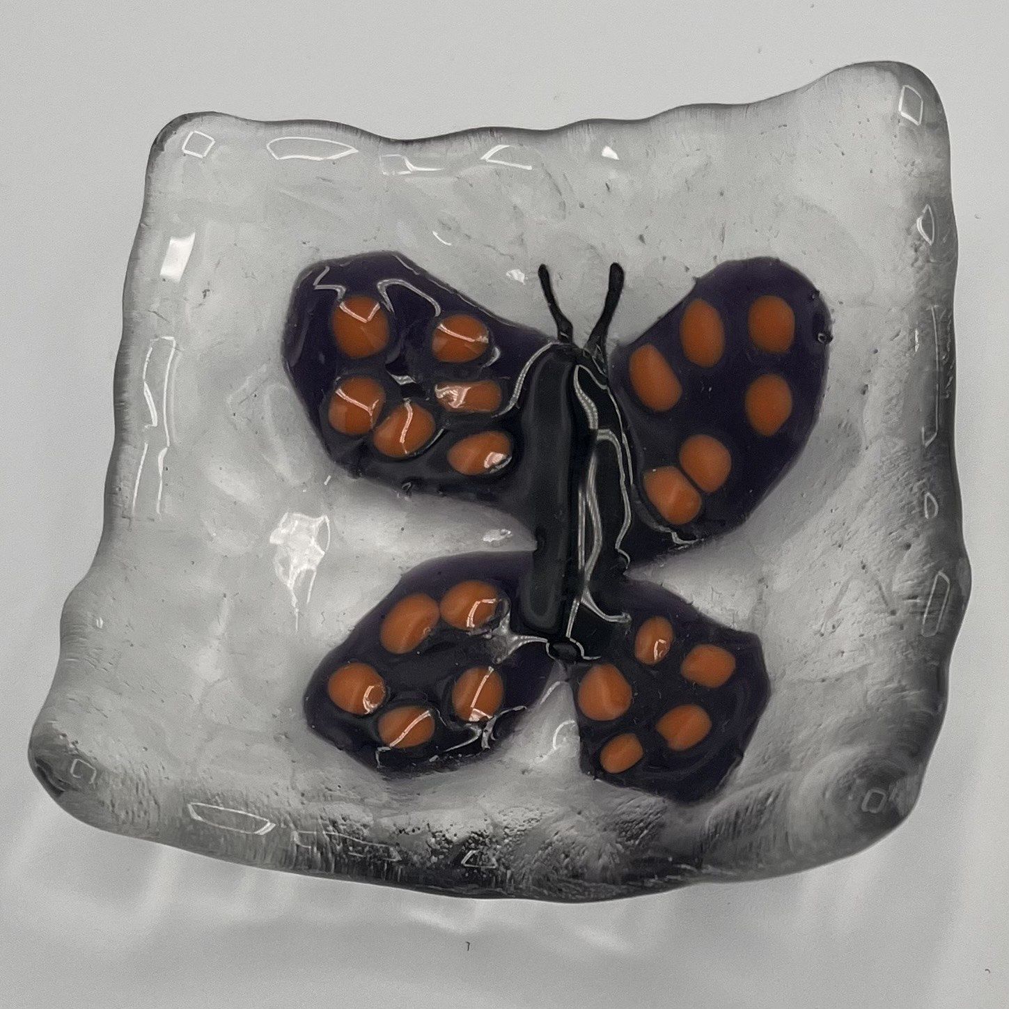 Erin Williams, Fused Glass Ring Dish, Purple and Orange Butterfly