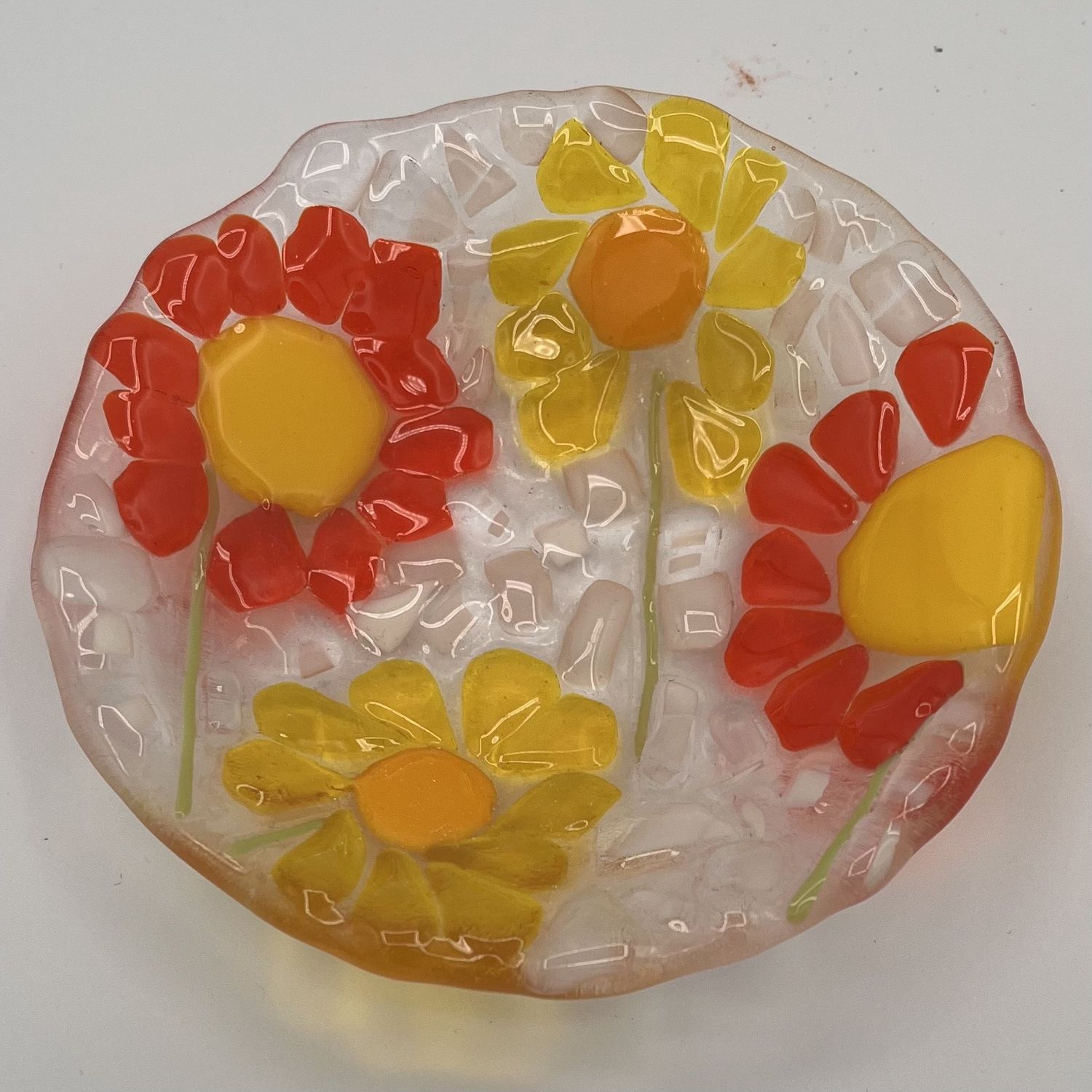 Annie Baxter, Fused Glass Bowl, Yellow and Orange Flowers