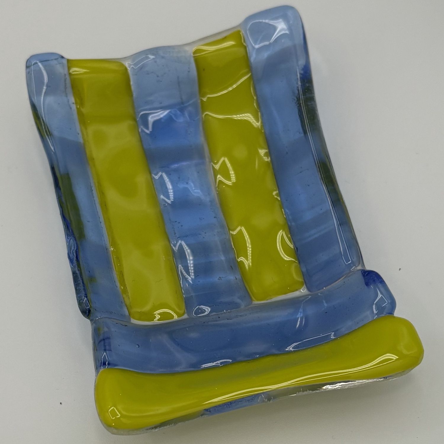 Meredith Bokeno, Fused Glass Soap Dish, Blue and Green Stripes