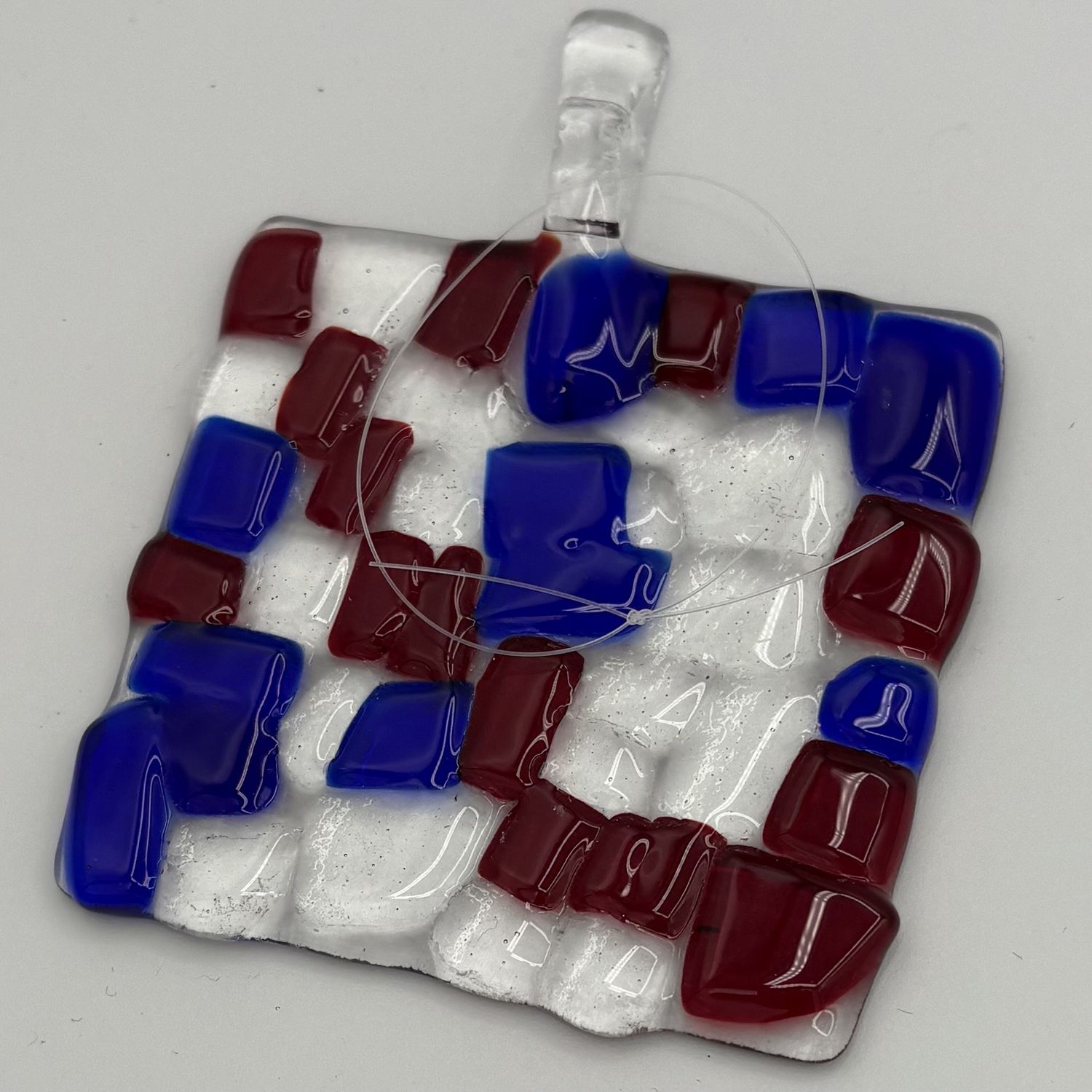 Studio, Fused Glass Suncatcher, Red and Blue Chunks